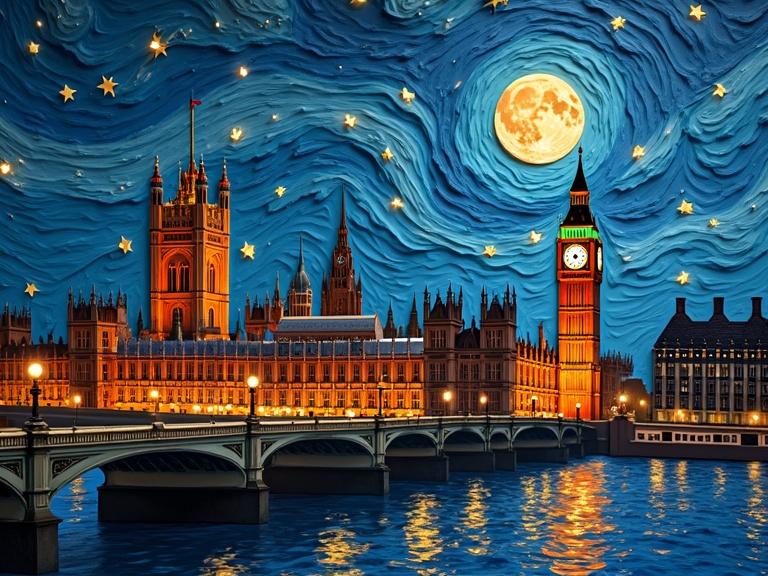 Stunning depiction of London at night. Features Big Ben and the Houses of Parliament under a starry sky. A full moon glows over the city. Textured layers and vibrant colors. Reflections on the river Thames. Captivating cityscape in a Van Gogh style.