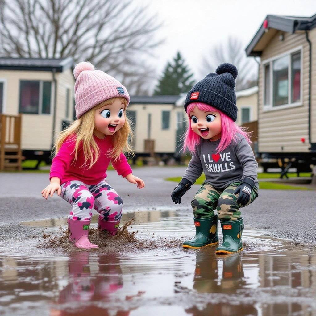 Two cartoon girls play in a puddle in front of their static caravan at a holiday park. Brianna has long dark blonde hair in a ponytail wearing pink and camouflage. Brandy has a bob cut with pink hair wearing grey and camouflage.