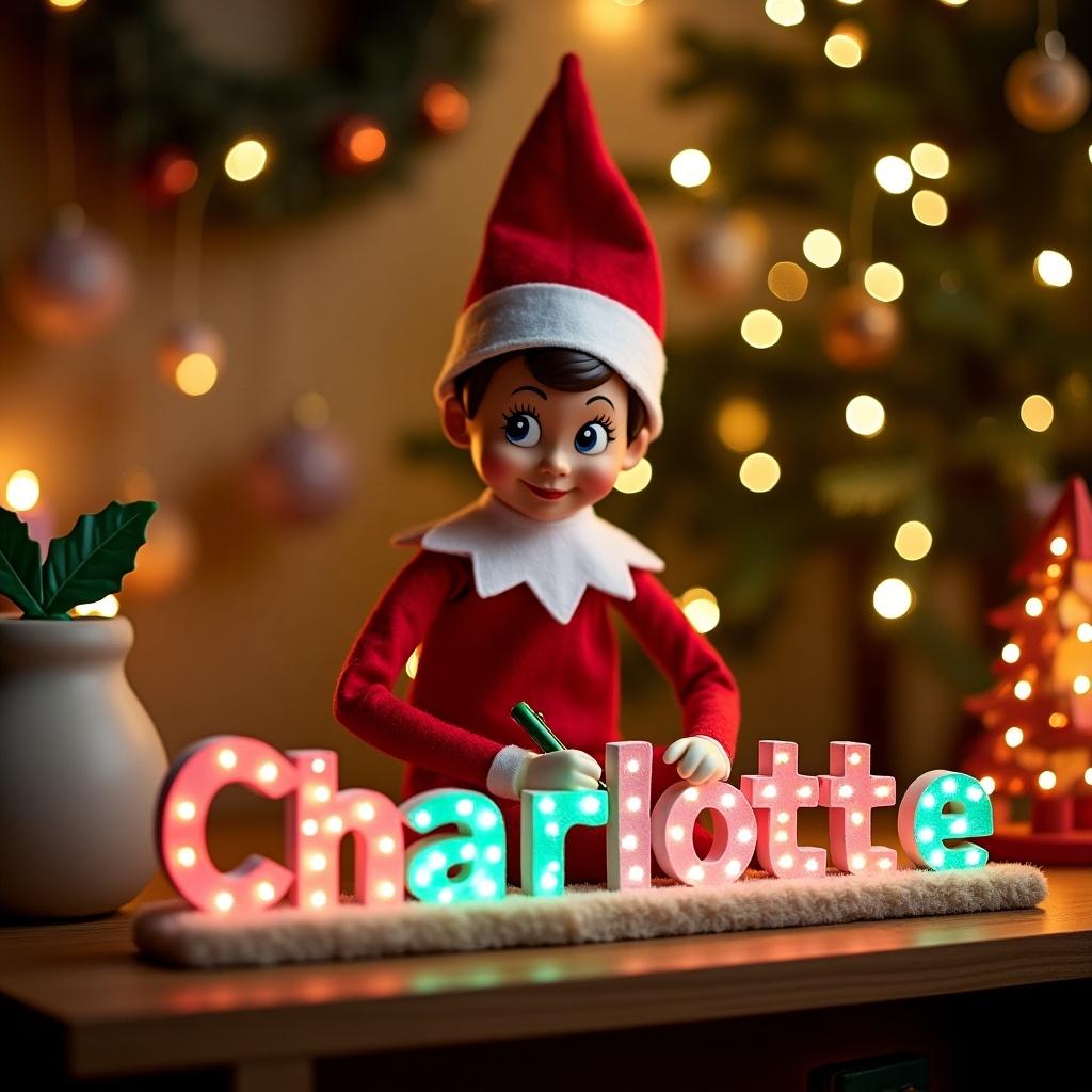 A cheerful elf on the shelf is in a vibrant Christmas scene, wearing a red and white outfit. The elf is joyfully writing the name 'Charlotte' in colorful letters that are lit up. Surrounding the elf are festive decorations, including a decorated tree and twinkling lights. The background has a warm, inviting atmosphere that evokes holiday cheer. This enchanting scene captures the essence of Christmas magic, making it perfect for family celebrations and personalized gifts.