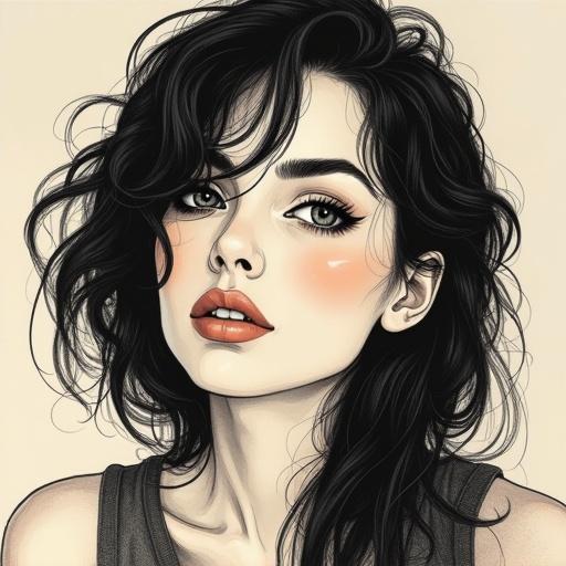 Illustration of a woman with dark brown hair and light-colored eyes. She has a chic look with fashionable attire and soft makeup. The expression is confident yet inviting.