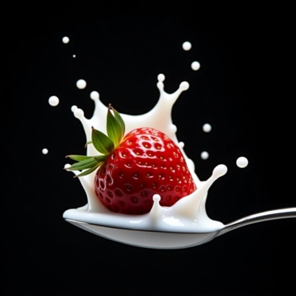 Professional food photography of a strawberry splashed with milk. Strawberry on a spoon. Milk captured in mid-air with droplets and splashes. Background is black to enhance colors. High-speed photography shows detail.