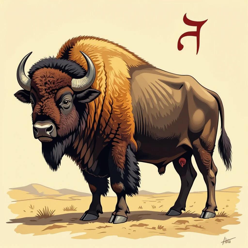 Image of a buffalo with features resembling the Phoenician letter Aleph. The style is colorful and illustrative. The background is simple and sandy.
