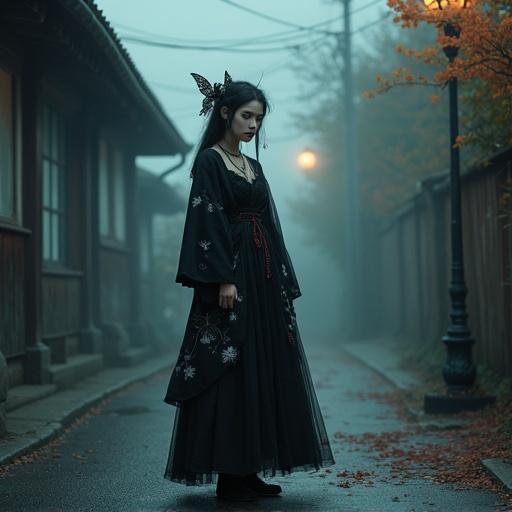A ghostly girl wearing a gothic lolita and traditional Japanese fusion outfit stands in a misty alley under a streetlamp. Outfit includes a black lace blouse, sheer kimono-style jacket, long gothic skirt, and Victorian boots. Accessories feature a red string of fate, a silver key pendant, dark flowers and butterflies in hair. The scene is cinematic with shadows and glowing fog.
