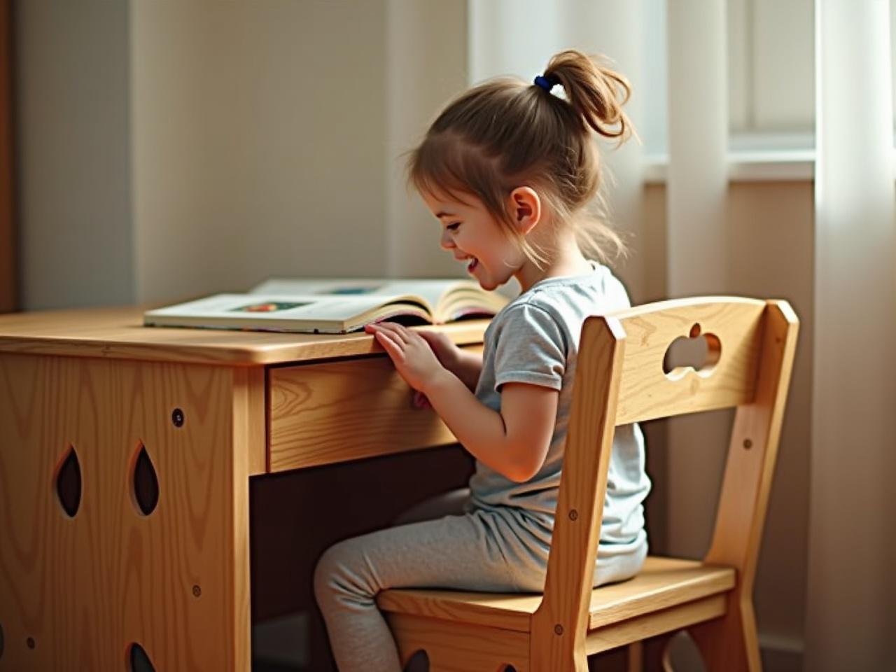 In a cozy room, there is a wooden desk and chair with unique cut-out designs. A young girl is sitting on the chair, engrossed in a funny book that makes her smile. The soft light from a nearby window casts gentle shadows on the furniture, highlighting its natural wood texture. Her hair is tied back in a neat ponytail, and she occasionally lets out a giggle or two. The peaceful setting is ideal for a relaxing reading session.