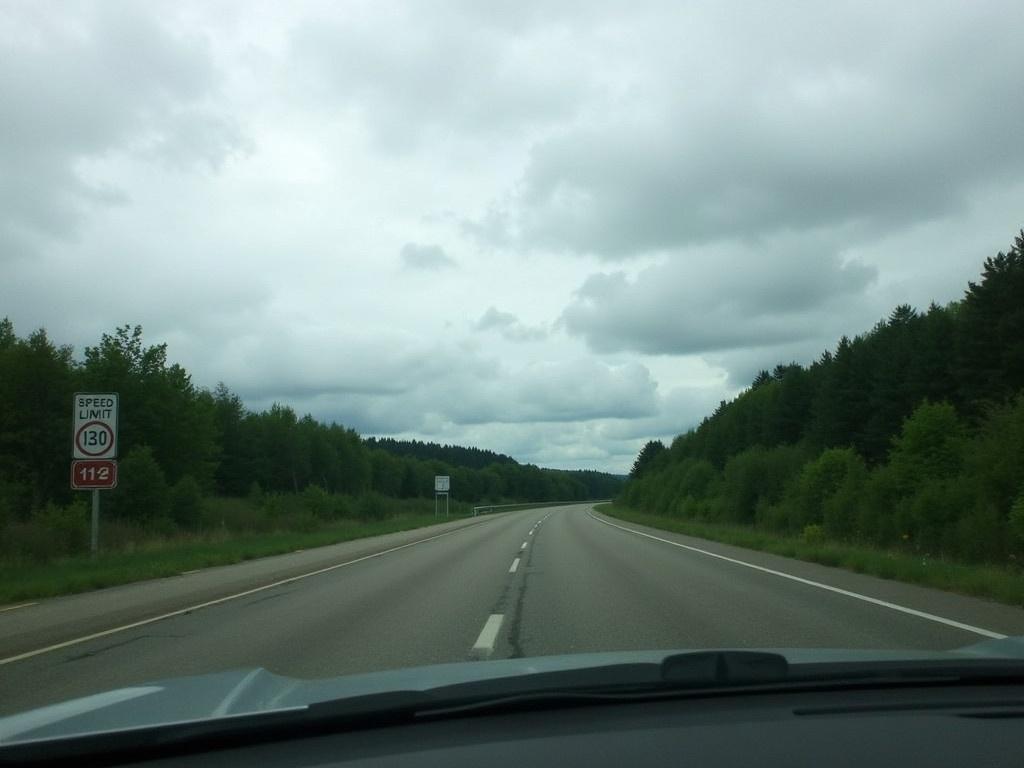 The image depicts a scenic view from the driver's perspective of a road surrounded by greenery. The left side of the road features a speed limit sign indicating 120. There is a slight curve in the road, showcasing a two-lane highway. The dashboard displays a speed reading of 121. The sky above is filled with gray clouds, creating a moody atmosphere on the drive. The overall scene gives a feeling of a peaceful journey despite the overcast conditions.