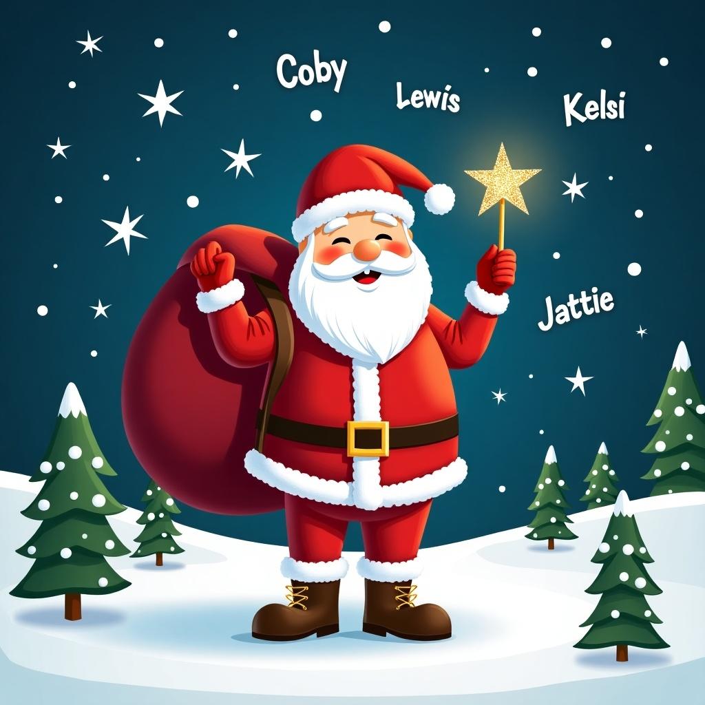 The image features a cheerful Santa Claus standing in a snowy landscape. He has a large red sack slung over his shoulder and is holding a sparkly wand. Santa is dressed in his traditional red and white outfit, complete with a belt and boots. Behind him, the night sky is illuminated with twinkling stars and the names Coby, Lewis, Kelsi, Jazmine, and Lottie. Pine trees dot the snowy ground, encapsulating a festive winter atmosphere.