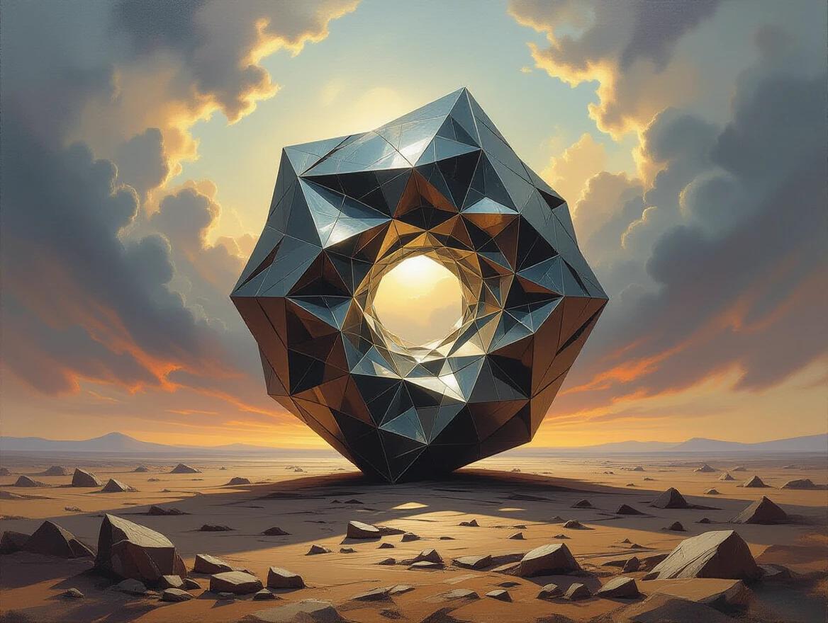 A vast desolate landscape features a non-anatomical artifact. The artifact has sharp crystalline shards and impossible curves. The painting uses thick, coarse oil paint with no sheen. Dramatic lighting creates a heroic atmosphere. The colors are warm and muted. A low-angle perspective emphasizes the scale of the artifact.