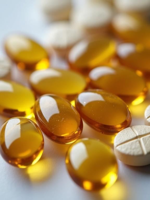 Close-up view of glossy yellow fish oil and omega-3 capsules with white tablets scattered in the background