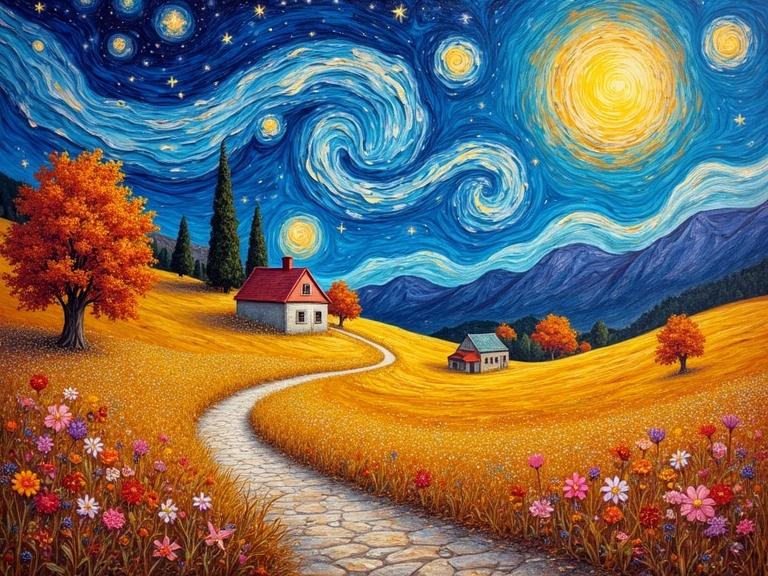 Impressionist countryside landscape with vibrant colors and swirling sky. Winding path through wildflowers and autumn trees. Quaint village with church in valley. Sky filled with stars and glowing suns. Thick brushstrokes and rich textures. Magical and evocative.
