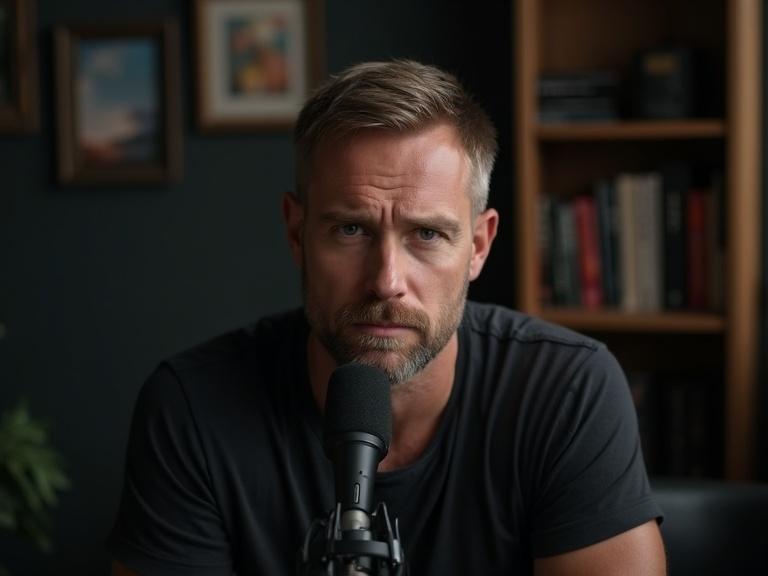 Man in a podcast studio. Podcast host with serious expression. Dark wall with bookshelf containing books and paintings. Young man has short, light hair and wears dark t-shirt. Professional microphone in front. Cinematic lighting creates an atmosphere.