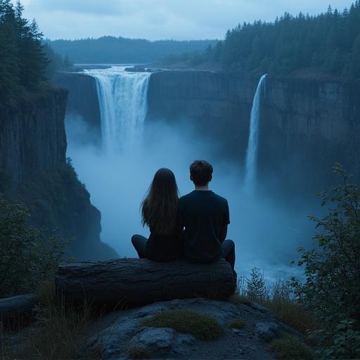 Teenage couple sits on a log looking at a waterfall. Mood is calm and serene. Takes place at night. Surrounded by lush trees. Mist rises from the waterfall. Couple wears matching dark outfits.