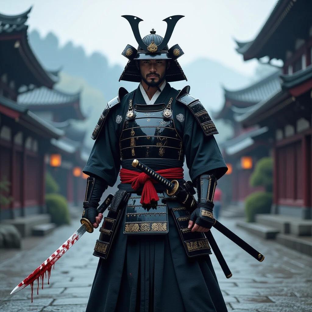 Full-length photo of a samurai holding a bloody katana. Samurai wears traditional armor. Background features Japanese architecture in a misty atmosphere.