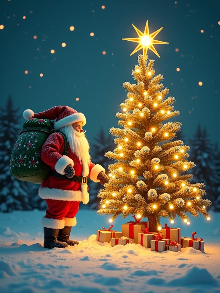 Santa Claus wearing a red suit stands next to a solar-lit Christmas tree. Presents surround the base of the tree. A bright star tops the tree. The background features a snowy landscape.