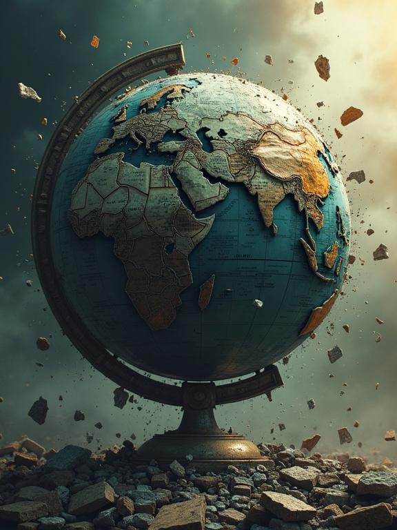 A globe shattering dramatically with pieces falling apart. Dramatic lighting casts shadows. Stylized illustration evokes a sense of loss.