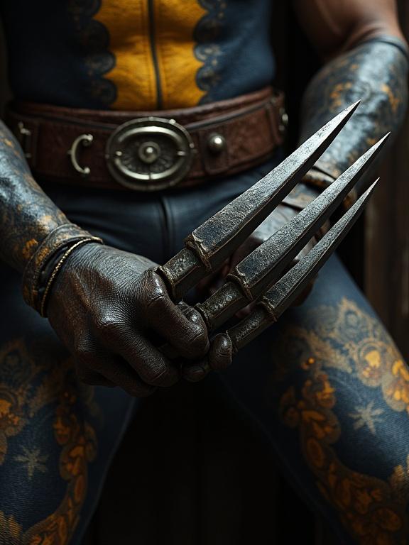 Close-up of a character's hands holding metallic claws. The character wears a blue and gold costume with intricate patterns. The setting is dark, with dramatic lighting. The focus is clearly on the claws and hands, showcasing their fierce detail.