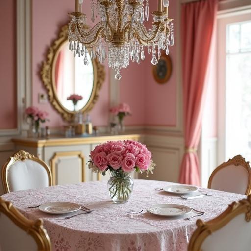 A pink, gold, and white rococo kitchen with an elegant table and chairs. A crystal chandelier hangs above. A vase with pink roses sits on a lace tablecloth-covered table.
