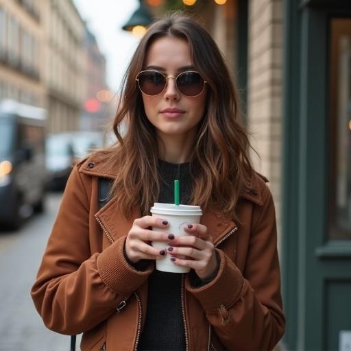Beautiful young woman enjoys Starbucks coffee while walking down a city street. She holds the coffee cup with both hands, dressed in a stylish brown jacket. The scene captures a lively urban atmosphere.