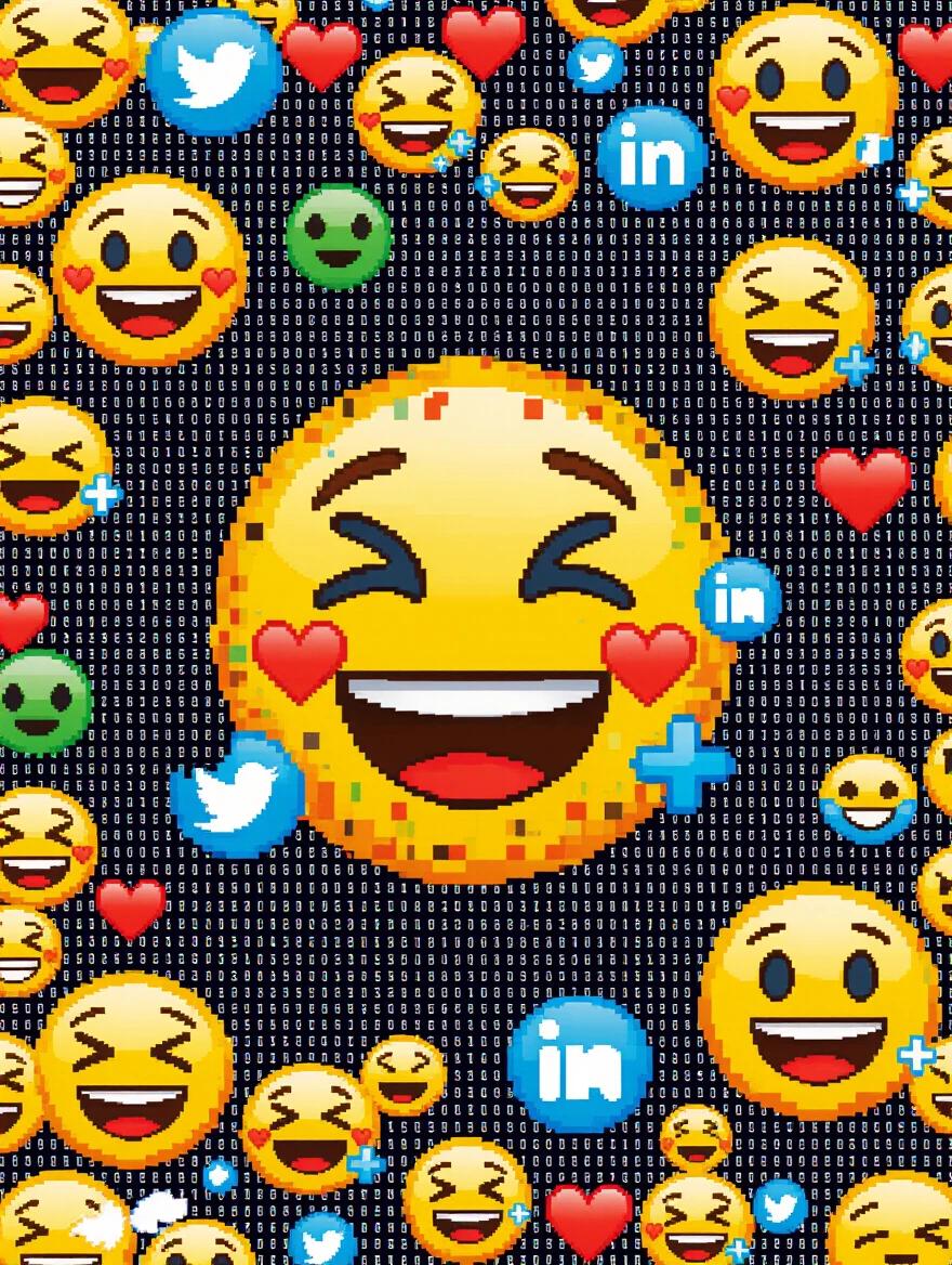 Mosaic of popular emojis and internet icons overlaps and distorts. Hidden messages in the background create unsettling feelings. Digital static overlay represents information overload as a modern form of hieroglyphics.