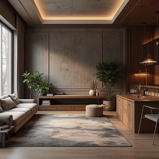 Modern living room with beige sofa and gray carpet. Decorative plants in the corner. Warm lighting illuminates wooden furniture. Large window shows natural light. Minimalist design with contemporary elements.