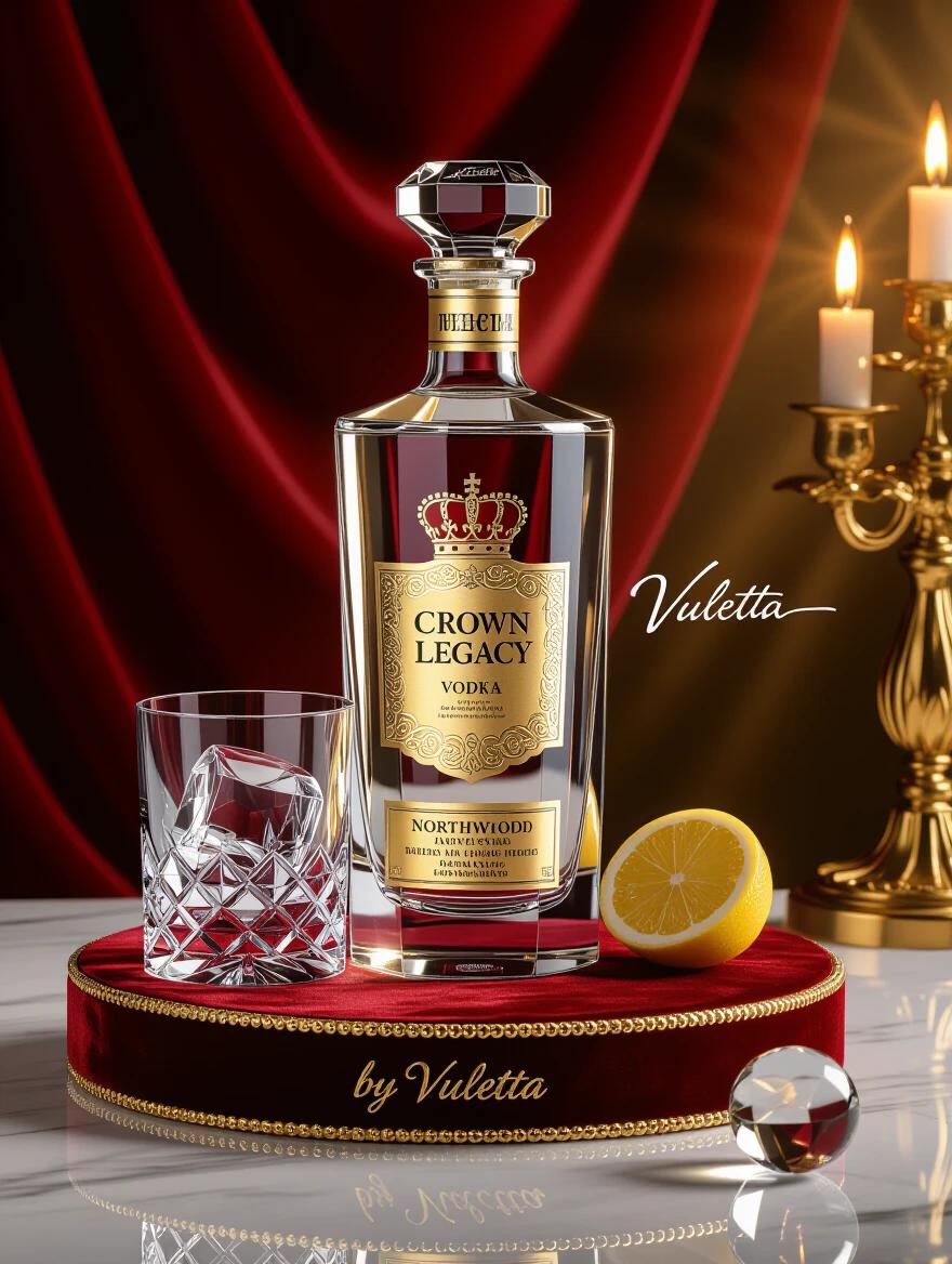 High-fashion product shot of a couture-grade vodka bottle named Crown Legacy. It features a slender and regal design with a golden embossed crown emblem. Located next to a crystal glass holding a large spherical ice cube and lemon slice. The label displays Organic Vodka and Northwood Adriatic Montenegro. Displayed on a luxurious velvet base. Rich cinematic lighting emphasizes a royal theme with deep reds and warm golds.