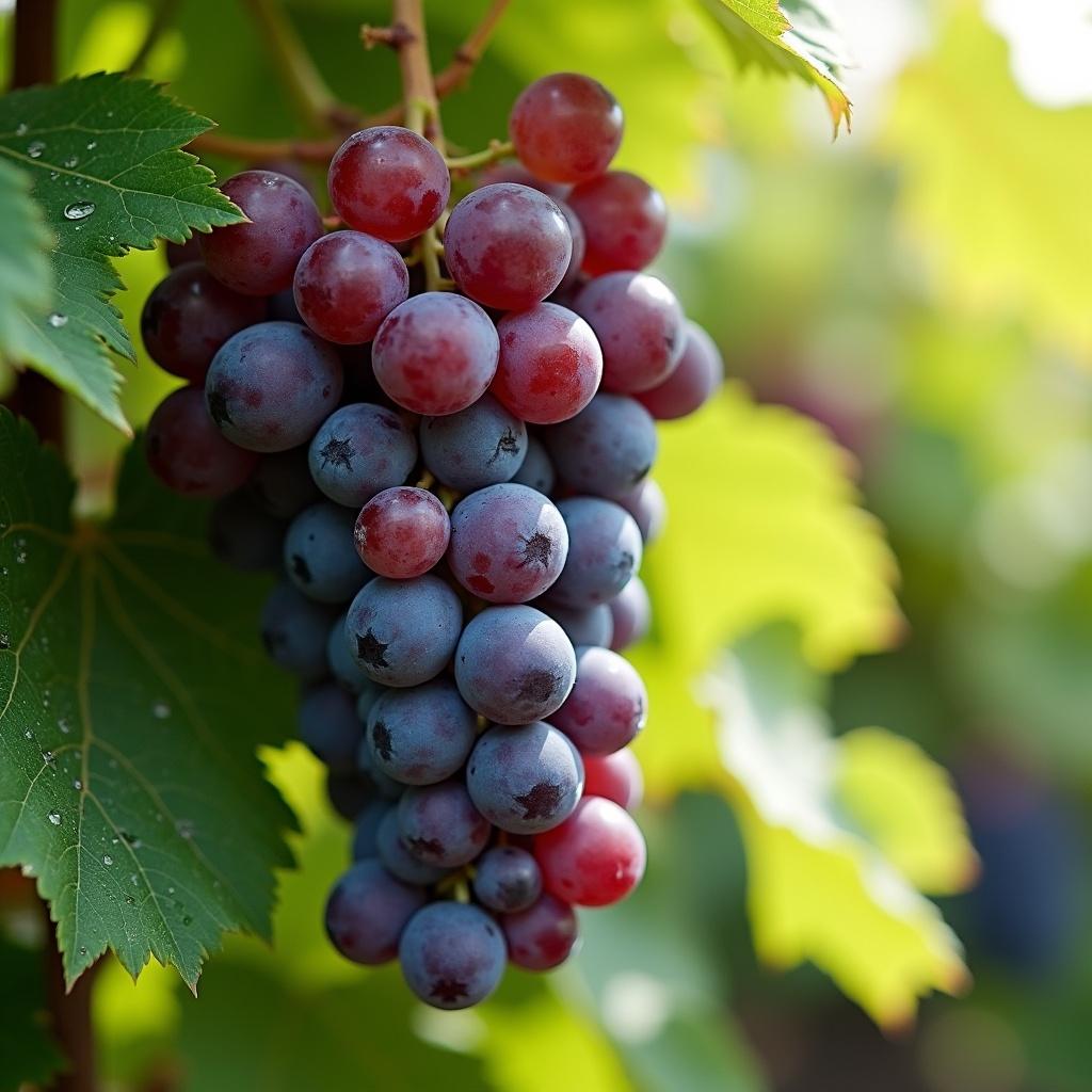 Close-up of a cluster of grapes hanging on a vine in the sunlight.