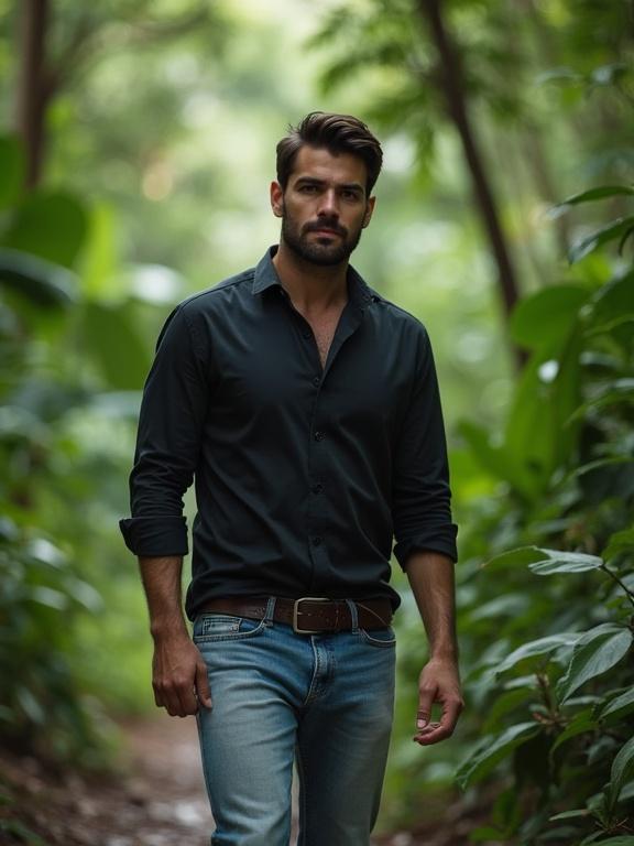 A clean shaven handsome man walks through the jungle with a serious expression. Dark shirt worn with light blue jeans. Lush green background with natural lighting.