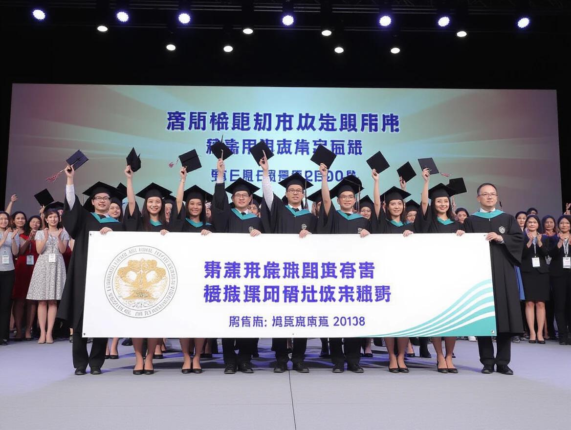 Graduation ceremony showing students tossing caps with joy. Celebratory moment captured with graduates holding a banner on stage.