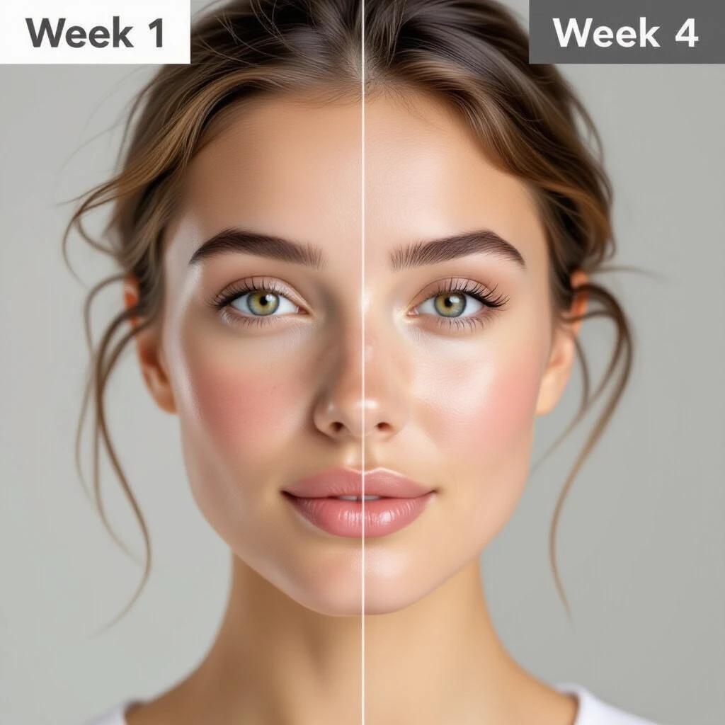 Timelapse sequence comparing a woman's face over three weeks. Week 1 shows significant acne and pimples. Week 2 presents improvement with fewer acne marks. Week 4 reveals minor skin imperfections. Focus on realistic human features with all stages of acne visible.