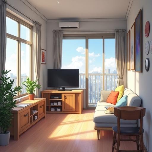 A stylish living room in a student apartment. Features a sofa with colorful cushions, a wooden TV unit, and large windows with a city view. Sunlight filters in, creating a cozy atmosphere.