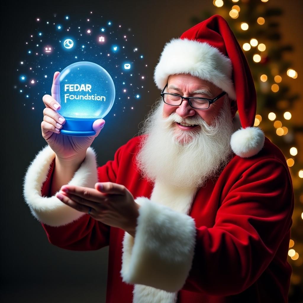 Image features Santa Claus in red and white suit. He is smiling while holding a magic phone. Phone displays name FEDAR Foundation in blue. The background has job properties filled with social media icons. Soft glow from snow globe enhances festive charm. Captures joy and magic of holiday celebrations.