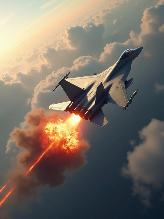 Hyper-realistic fighter jet soaring in blue sky. Jet fires missile targeting enemy aircraft. Missile in motion creates explosion. Scene in 4K quality with dramatic light effects. Animation appears ultra-realistic and in slow motion.