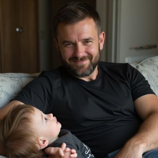 A man sits in a casual setting with his son. They both relax together. The father wears a basic black t-shirt. The ambiance is warm and inviting. The scene captures a friendly and intimate moment between them.