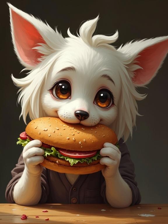 A cute animal character with white fur and round eyes holds a large sandwich with lettuce and tomato. The animal has fluffy ears and a friendly expression. The background is simple and dark, focusing on the character.