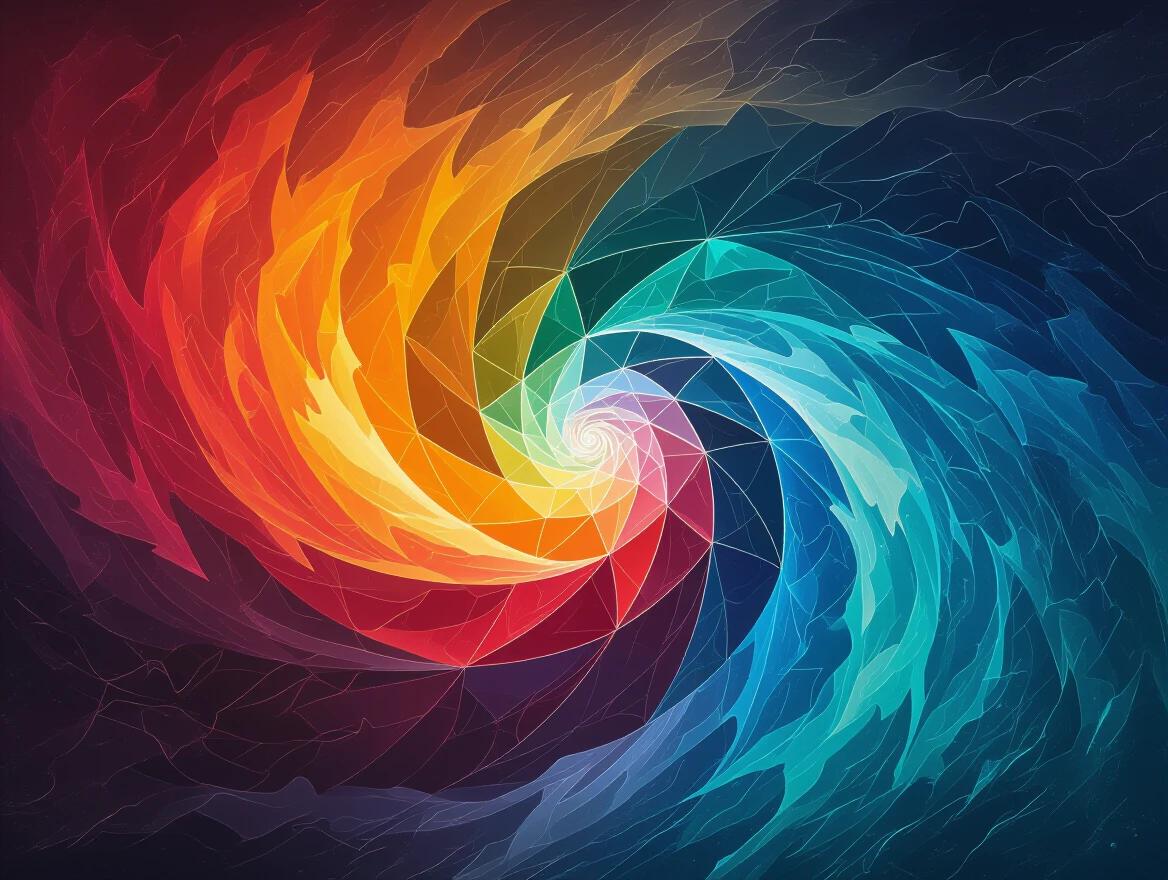 An abstract digital oil painting with vibrant swirling colors. The design resembles a cosmic whirlpool. The artwork features dramatic lighting and evokes dreamlike qualities through its bold and colorful patterns.