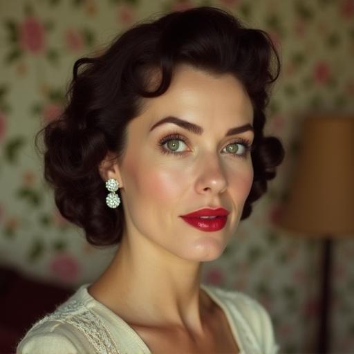 Portrait of a 45 years old housewife. She has a chubby face and face wrinkles. Hair styled in a classic 1950's way. Slightly smiling with closed mouth and expressing shyness. Beautiful green eyes, big red lips. Wears diamond hairrings. Floral wallpaper in the background. Shown from a slightly side view, with a tiny nose.