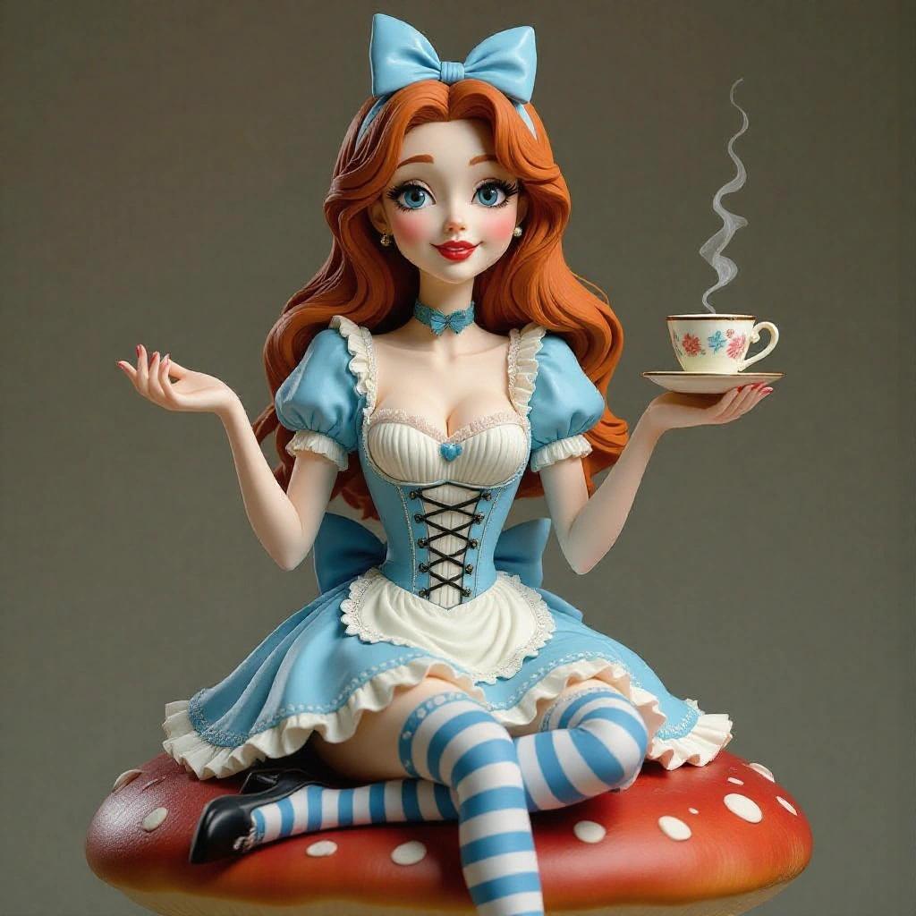 Highly detailed resin sculpture of stylized Alice in Wonderland. Alice is cross-legged on a mushroom while holding a tea cup. She wears a light blue dress with lace and a blue bow. Long, wavy red hair. Cheshire Cat sits on a tree branch. Decorated with cards, flowers, and teacups.