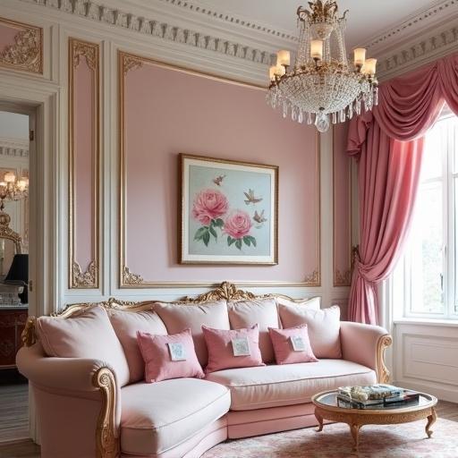 Beautiful living room features pink walls and ivory accents. Crystal chandelier hangs from the ceiling. A painting of pink roses and doves adorns the wall. Elegant pink sofa with decorative pillows completes the scene.