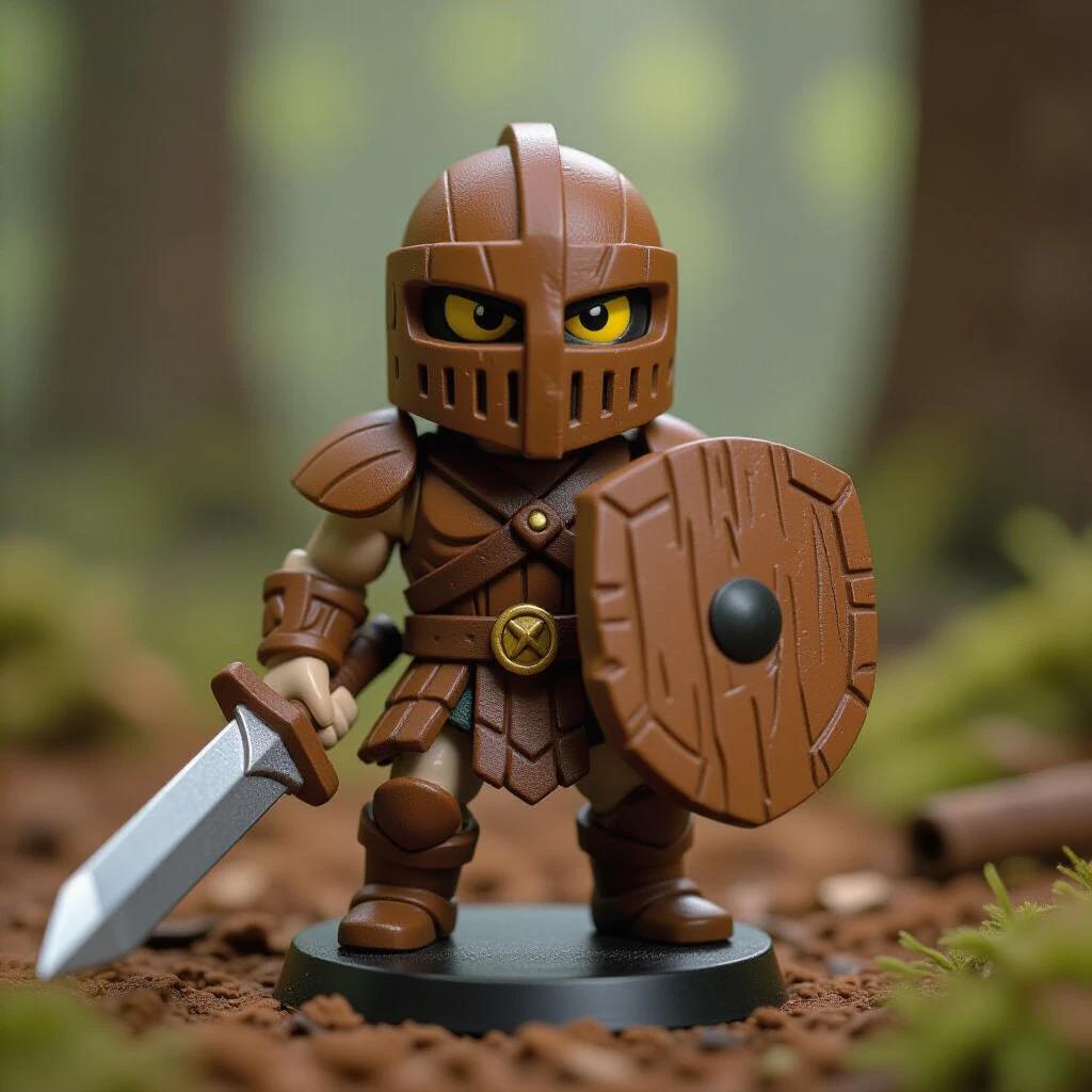 Vintage Gormiti toy in a forest setting. The figure is a wood-warrior with a rugged brown appearance. The knight holds a chunky bark shield and a stubby wooden sword. The macro shot captures details of the 5 cm toy on a black disk base.