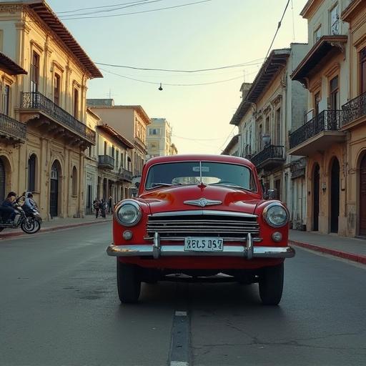 Old car parked on a city street with vintage buildings in the background. Appears to be taken during the day. Car stands out in a historic urban environment.