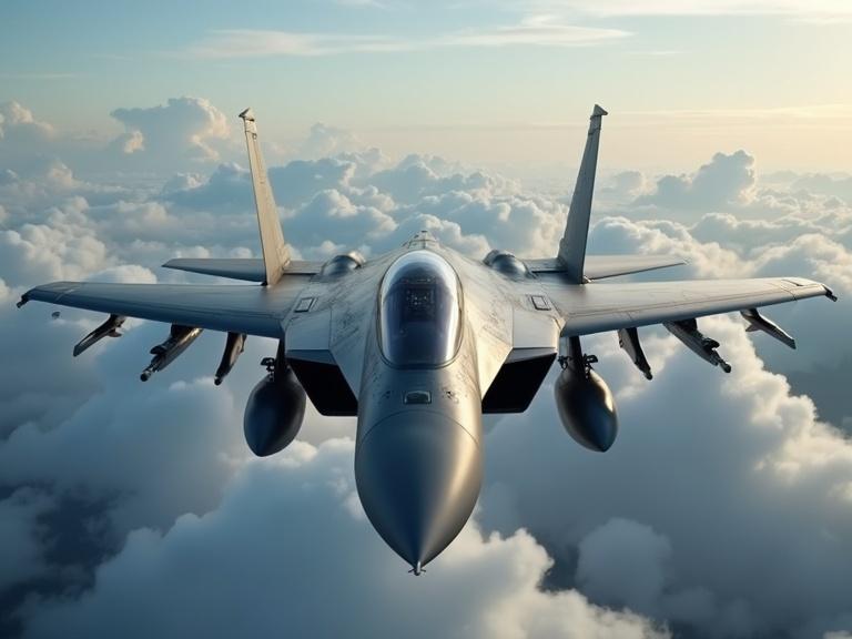 A fighter plane flying above the clouds. Plane is captured in an aerial view. Background shows soft clouds with a touch of dawn light.