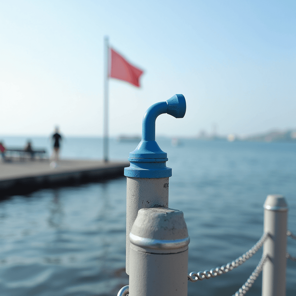 A close-up of a blue periscope by the ocean with a red flag in the background.