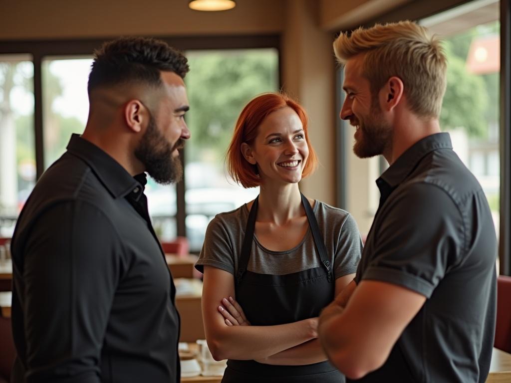 Two waiters talk in a restaurant. A muscular man with dark hair and a woman with red hair stand facing another male waiter. The male waiter with blonde hair smiles widely while speaking with a guest. Everyone is standing in a casual dining atmosphere.