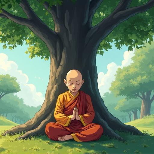 Monk meditates under a large tree in an anime style. The scene is tranquil and serene, showcasing nature.