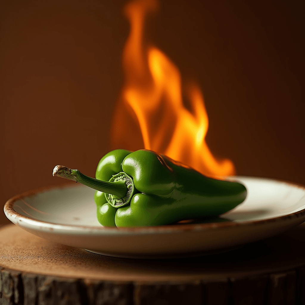 A green pepper set dramatically ablaze on a ceramic plate.