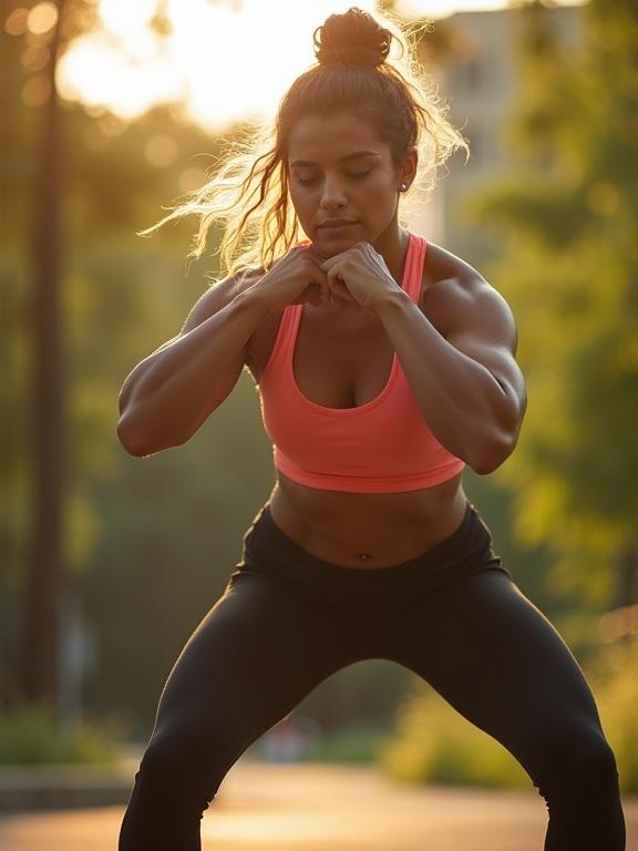 Adult woman training outdoors performing functional exercise squat in a rustic gym setting surrounded by natural scenery with morning light casting a relaxed and active expression