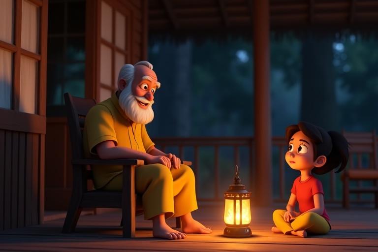 A cozy 3D interior scene of a house's dimly lit veranda at dusk. An elderly man with a beard, wearing a kurta, sits on a wooden chair telling a story. Two children are seated on the floor, one in a red shirt and one in a yellow dress. A warm lantern casts light and shadows. Dark forest is visible in the background. Detailed textures on the furniture.