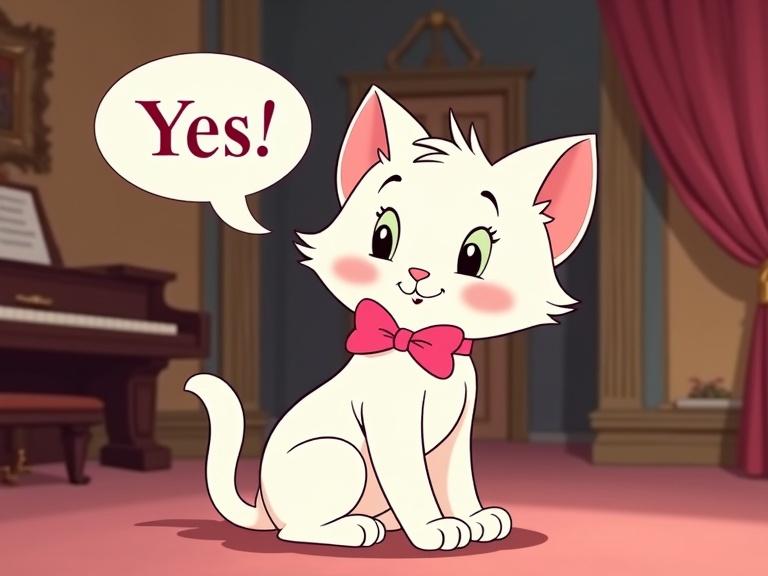 Adorable cartoon character appears as a white kitten with a pink bow. The kitten is sitting in a luxurious environment with a piano. A speech bubble says 'Yes'.