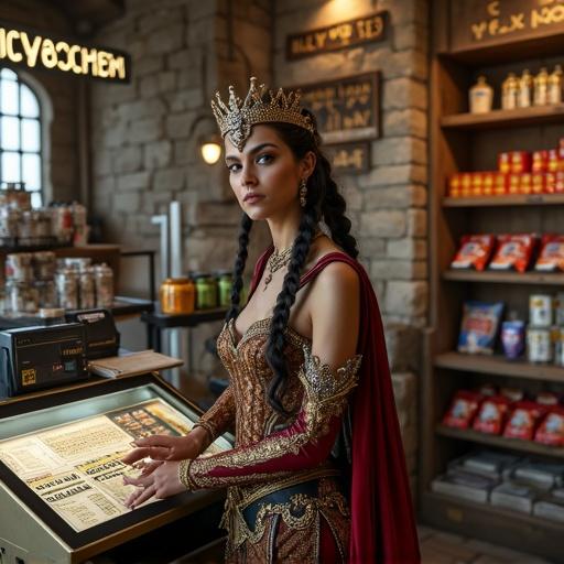 Regal medieval queen styled female shopkeeper. Standing behind a modern electronic checkout counter. Wearing an elaborate jeweled crown and luxurious corset dress. Long braided hair with a calm expression. Highly detailed convenience store with stone walls. Wooden shelves filled with modern items. Glowing lanterns and enchanted signs. Fantasy-meets-modern aesthetic.