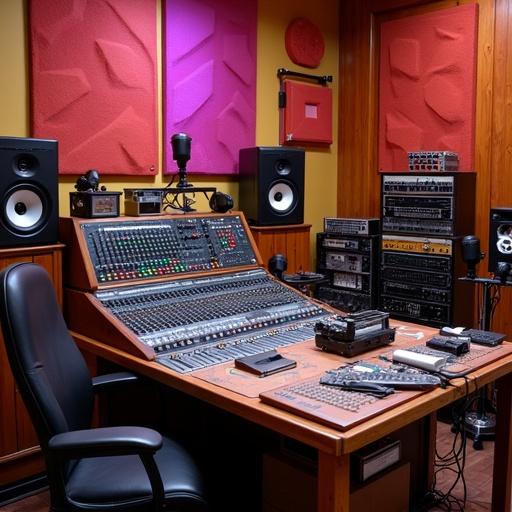 Interior of a vintage 1980s recording studio. Classic analog mixing console dominates the space. Large faders and colorful buttons line the console. Reel-to-reel tape machines are present. Bulk synthesizers and rack-mounted effects units are displayed. Warm wood paneling creates a comfy environment. Acoustic foam panels with geometric patterns add texture. Neon lights provide soft retro vibes. Vintage microphones stand ready for use. Headphones rest nearby. A cluttered desk holds cassette tapes and vinyl records. Atmosphere feels nostalgic and cozy.