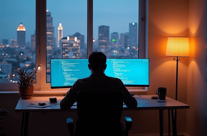 A person is working on a computer with a city skyline visible through the large window.